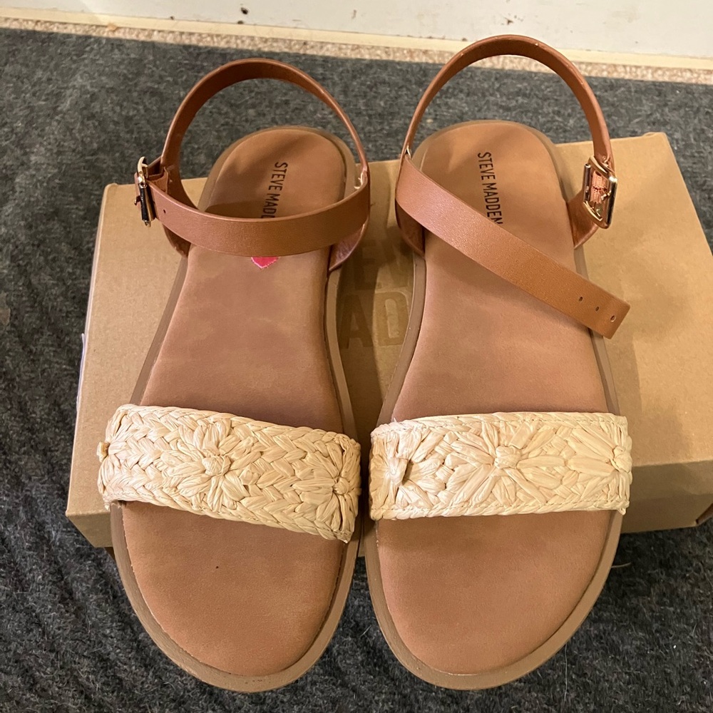 Steve Madden KIDS Tan Leather Ankle-Strap Sandals with Raffia Band  W s 6.5